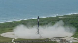 A SpaceX Falcon 9 rocket touches down at Cape Canaveral Space Force Station in Florida after launching the Transporter-2 rideshare mission to orbit, on June 30, 2021.
