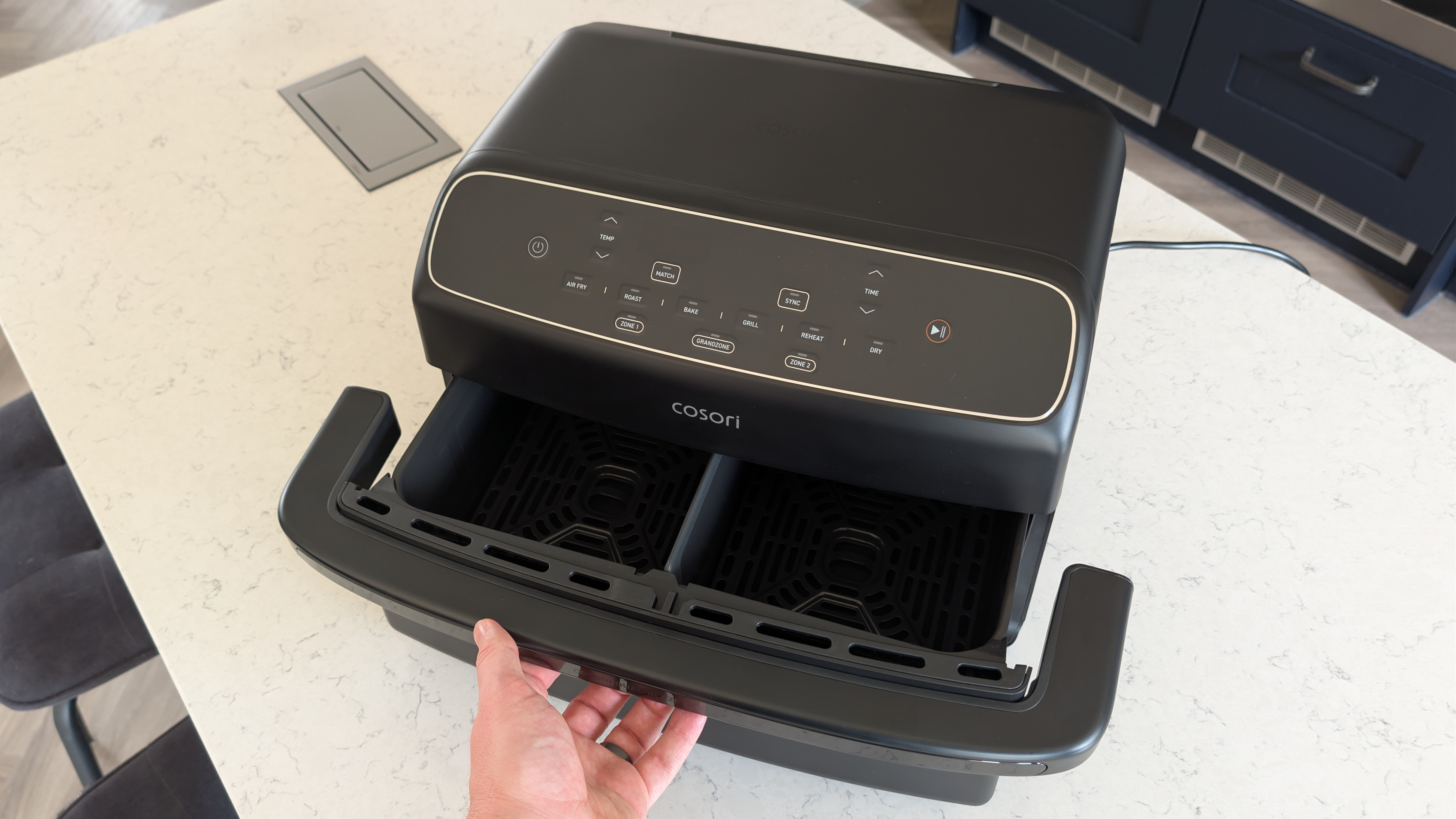 Cosori Dual Blaze Twinfry Compact air fryer on kitchen counter