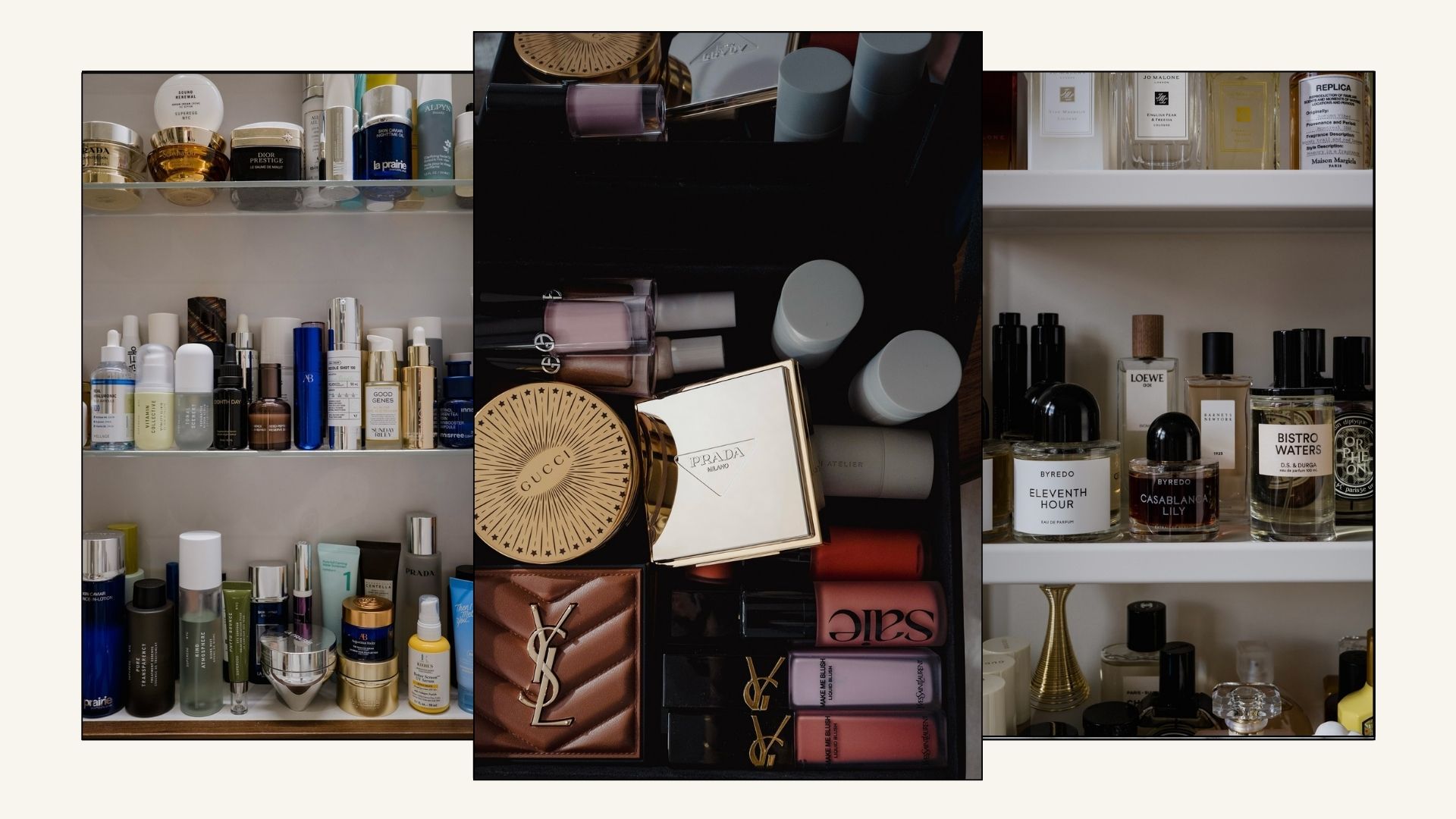 A collage with shelfies of beauty products, from skincare to makeup and fragrance