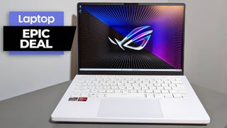 Asus ROG Zephyrus G14 gaming laptop on a silver desk against a white background