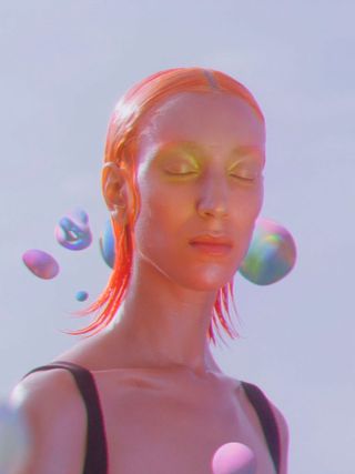 Ines alpha instagram filter collaboration with Bimba y Lola showing pink tinted girl standing among pastel blobs