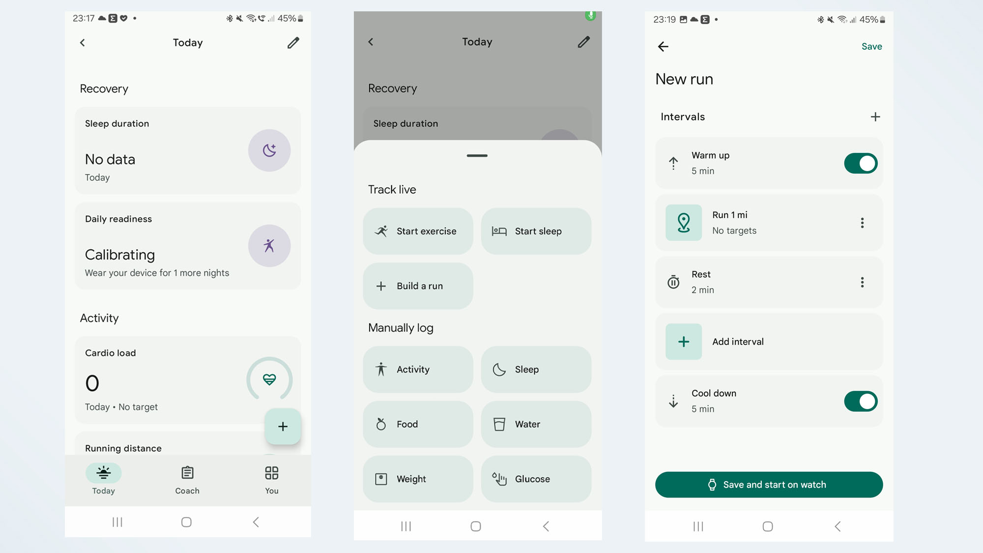 screenshots from the fitbit app building a custom running workout