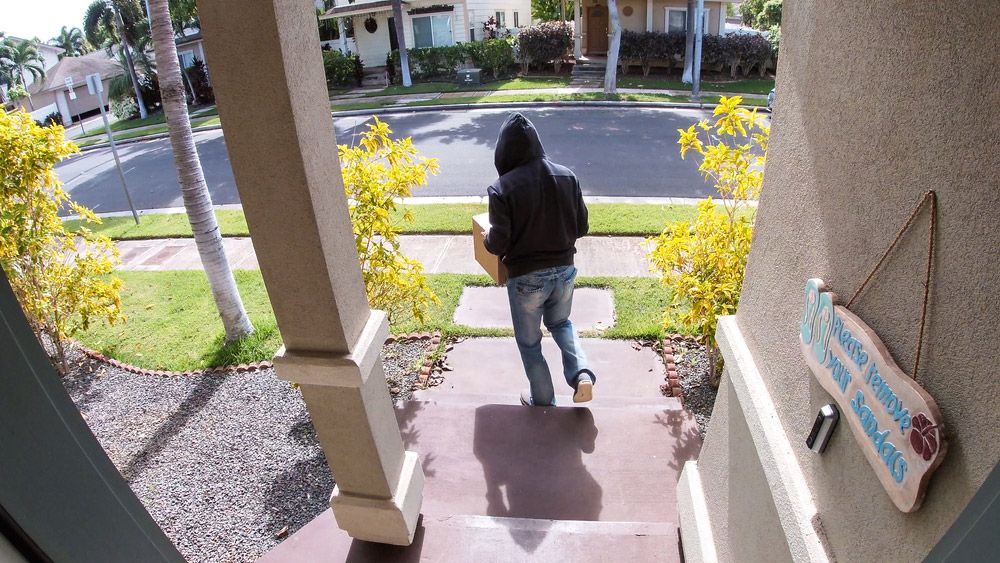 Staged photo of a &#039;porch pirate&#039; stealing a package from a residence&#039;s front door, as captured by a video doorbell.