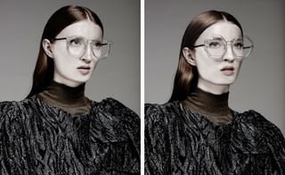 Two images of the same woman wearing a black shiny top and large round glasses in different poses.