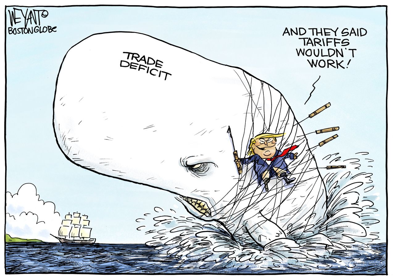 Political Cartoon U.S. Trump Trade deficit whale