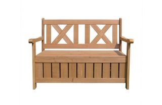 A wooden storage garden bench