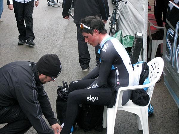 Peter Kennaugh is attended to before the ride.