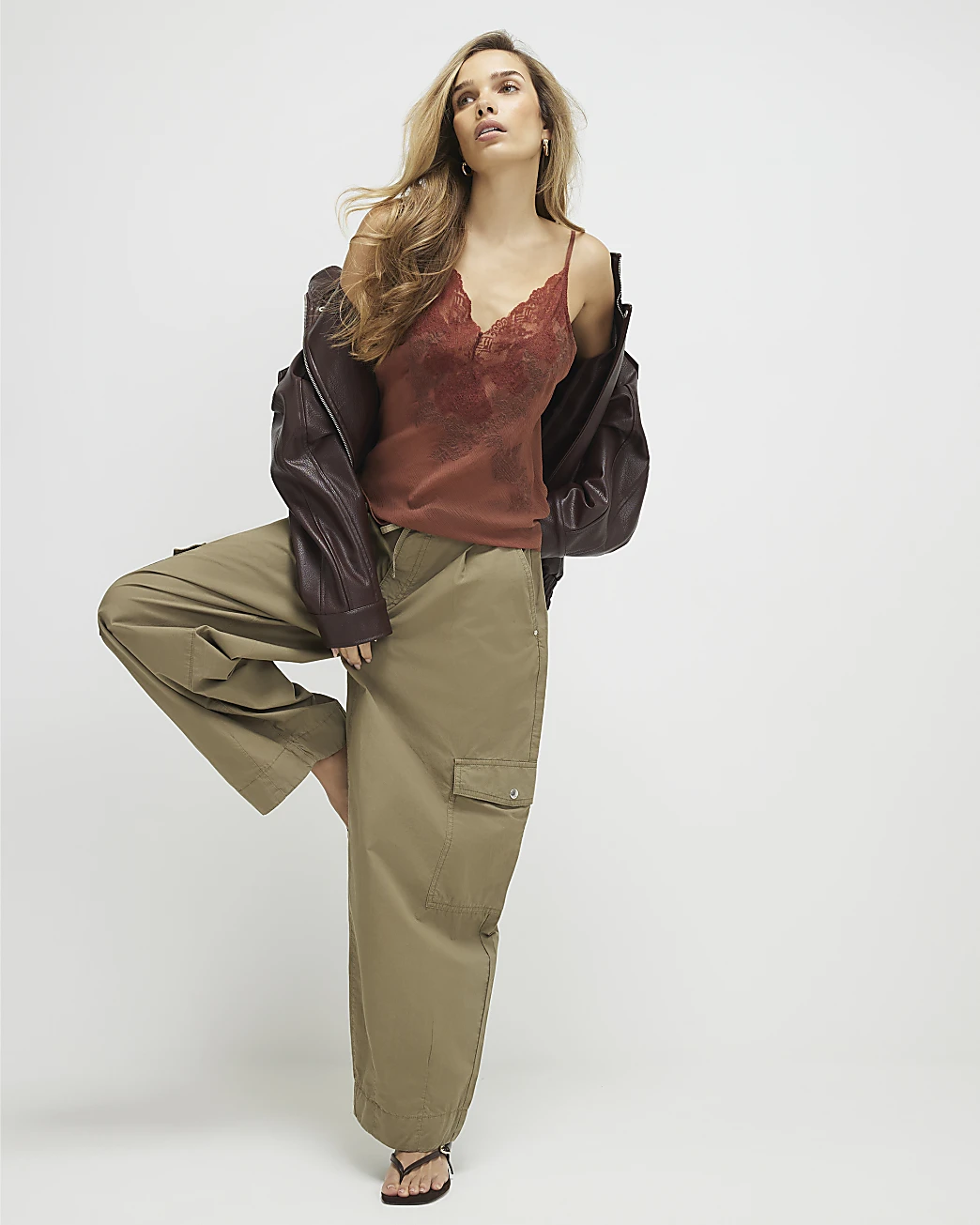 River Island, Khaki Barrel Leg Cargo Trousers