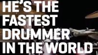 Text banner saying He's the fastest drummer in the world