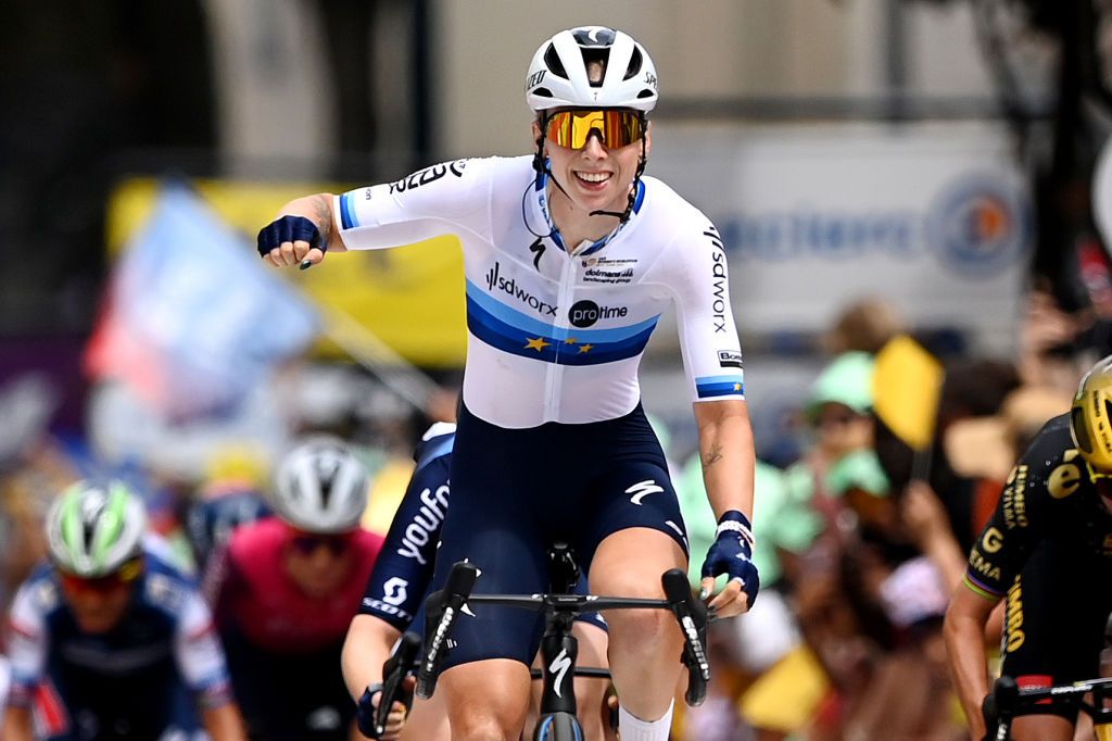 CLERMONTFERRAND FRANCE JULY 23 Lorena Wiebes of The Netherlands and Team SD Worx Protime celebrates at finish line as second place during the 2nd Tour de France Femmes 2023 Stage 1a 1234km stage from ClermontFerrand to ClermontFerrand UCIWWT on July 23 2023 in ClermontFerrand France Photo by Tim de WaeleGetty Images