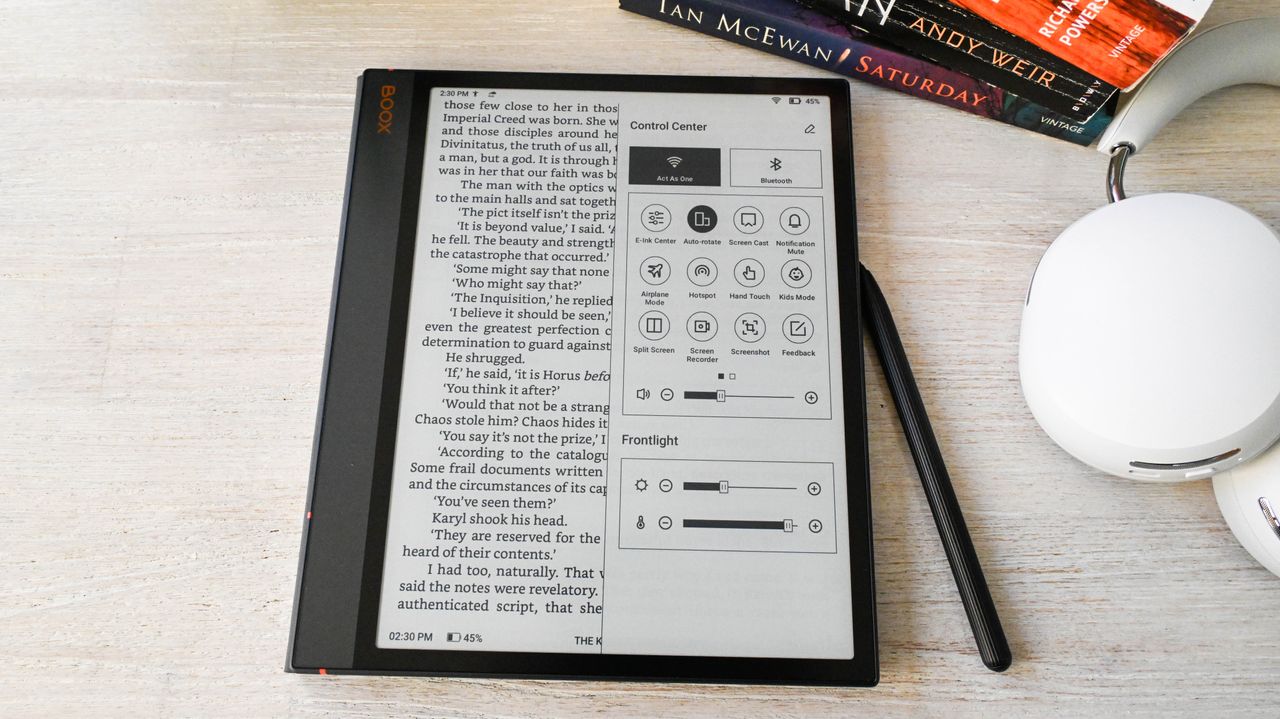 The Control Center overlaid over a book's page on the Onyx Boox Note Air 3