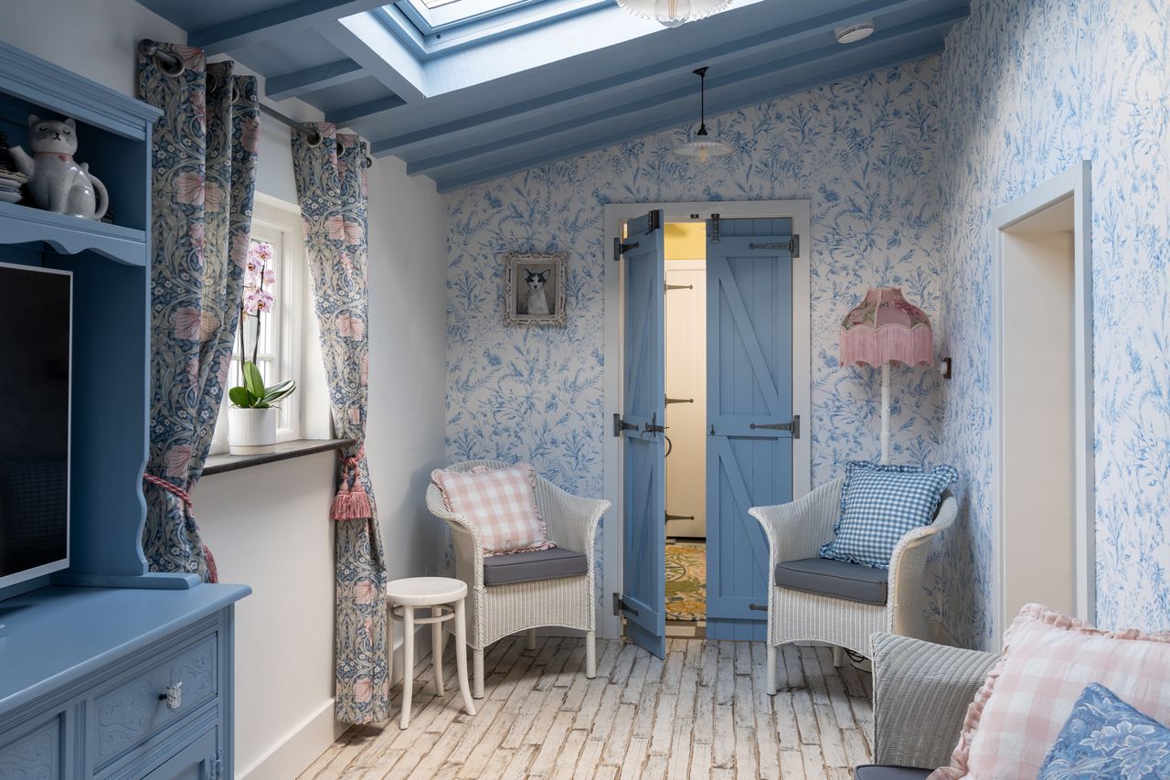 A light blue reading nook