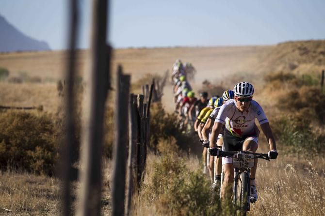 Jaroslav Kulharvy of Burry Stander-Songo strings out the lead group's riders