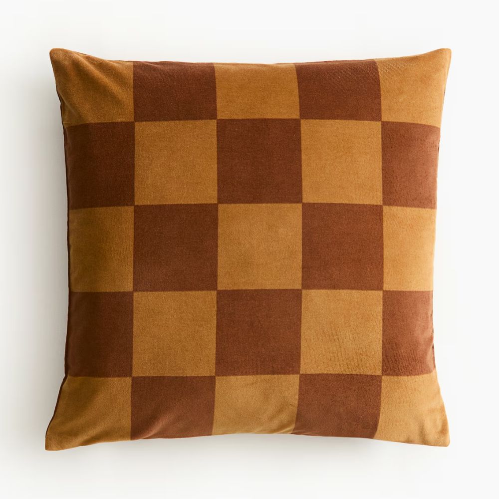 Light Brown Checked Velvet Cushion Cover