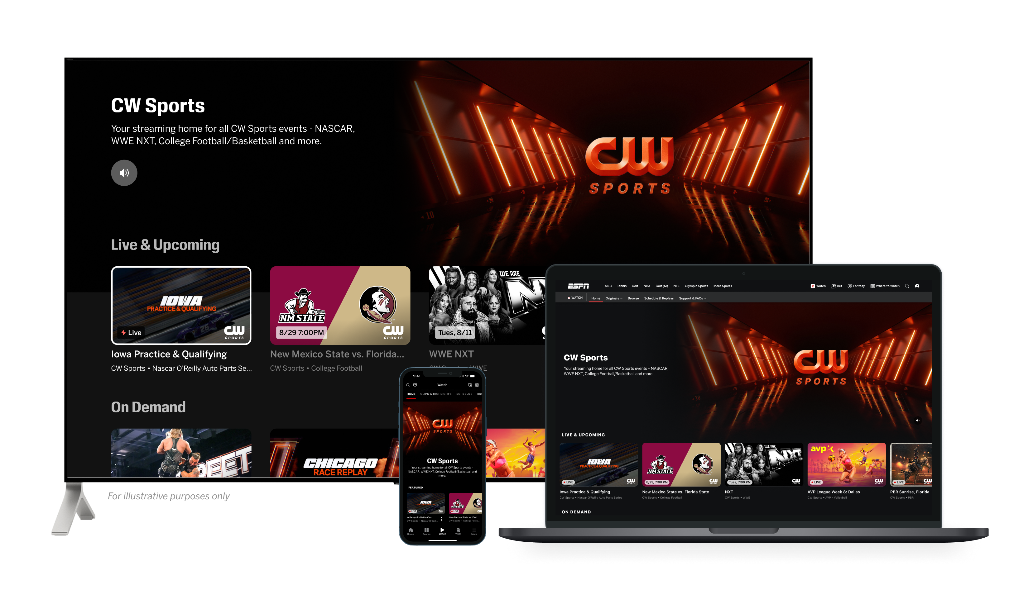 Screens showing CW Sports on TV, laptop and mobile. 
