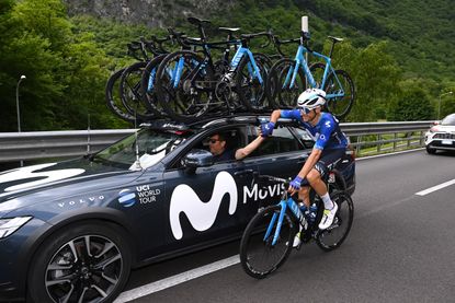 Movistar team car in action at the 2023 Tour de France
