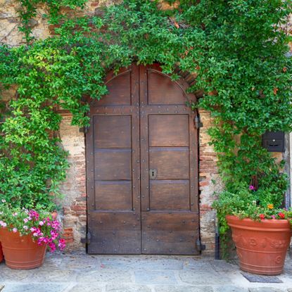 garden with brick wall, aged wooden door and clay pots