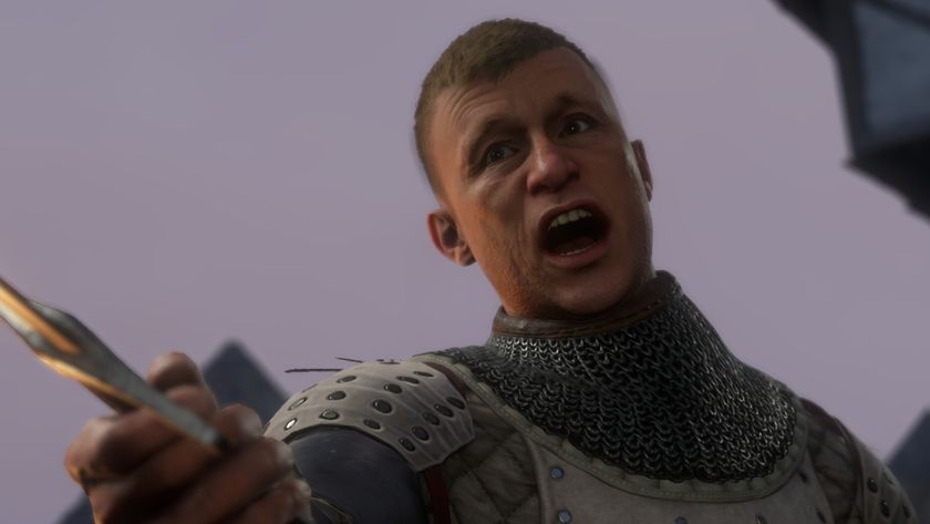 A man shouting while waving his sword in Kingdom Come: Deliverance 2.