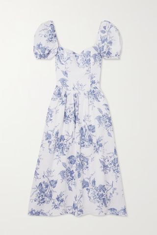 Reformation Davila Shirred Floral-Print Linen Midi Dress