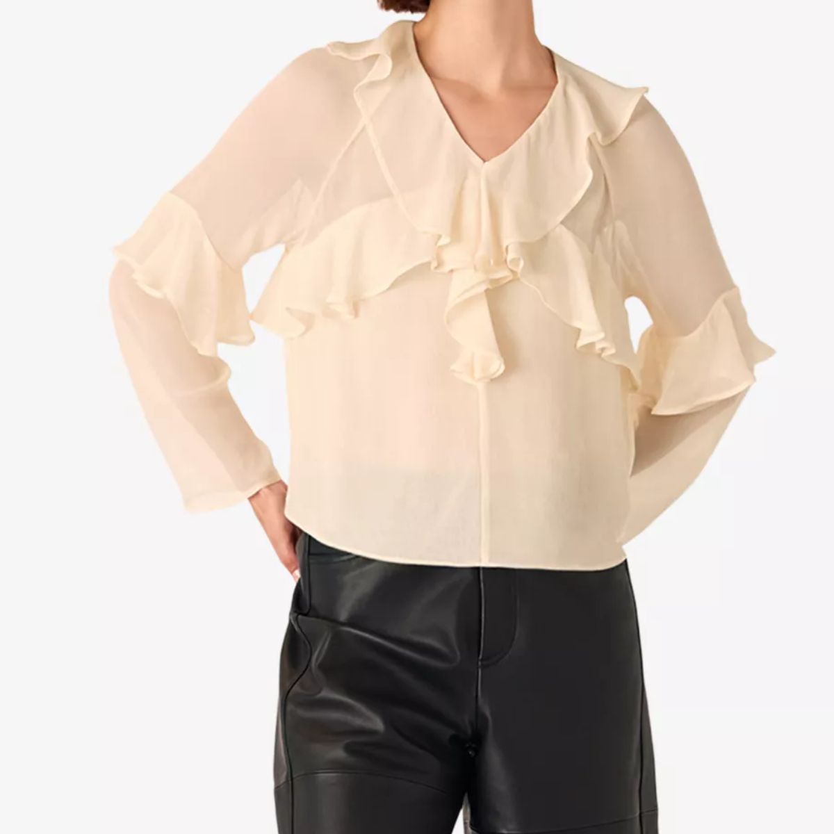 WHISTLES, Ruffle Frill V-Neck Crepe-De-Chine Blouse