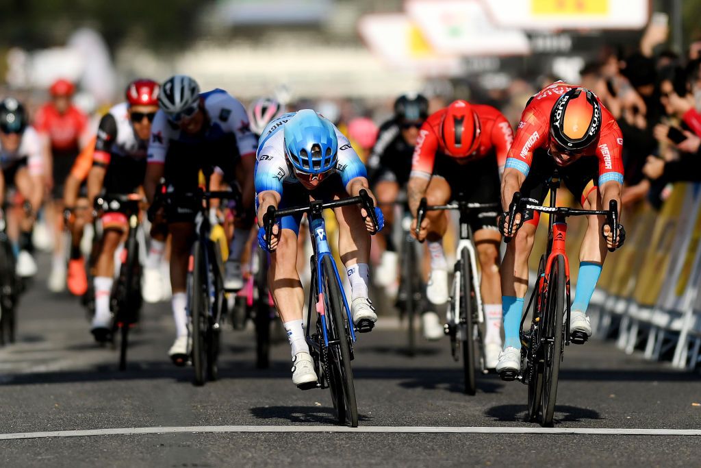 PERPIGNAN FRANCE MARCH 22 LR Kaden Groves of Australia and Team BikeExchange Jayco and Phil Bauhaus of Germany and Team Bahrain Victorious sprint to stage win during the 101st Volta Ciclista a Catalunya 2022 Stage 2 a 2024km stage from LEscala to Perpignan VoltaCatalunya101 WorldTour on March 22 2022 in Perpignan France Photo by David RamosGetty Images