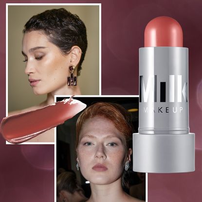 purple background with models wearing blush and the milk makeup cheek and lip cream blush stick