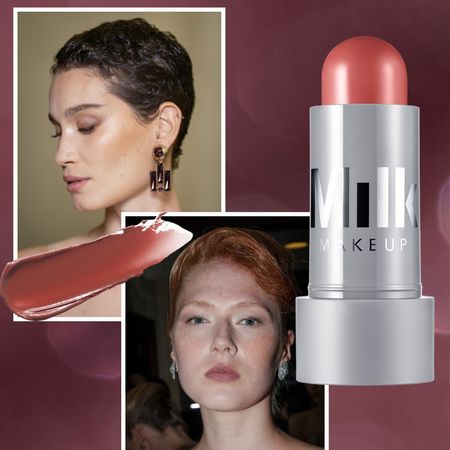 purple background with models wearing blush and the milk makeup cheek and lip cream blush stick