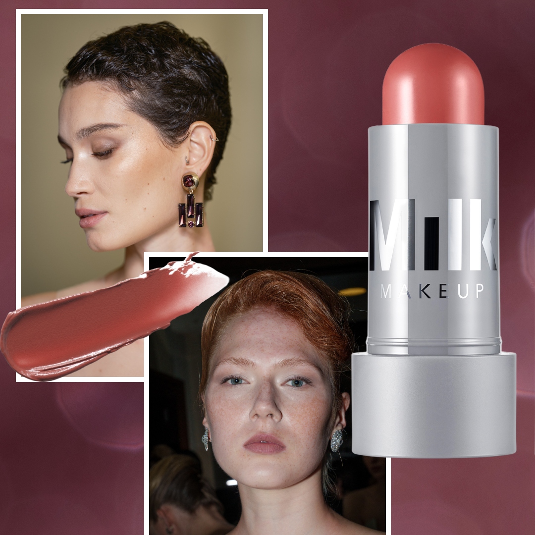 purple background with models wearing blush and the milk makeup cheek and lip cream blush stick