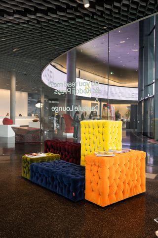 Gaetano Pesce La Michetta sofa for Meritalia in yellow, orange and blue, shown at Design Miami Basel 2024