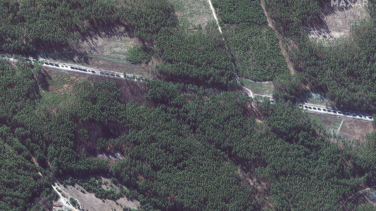 A 40-mile long Russian military convoy seen from space approaching Ukraine's besieged capital Kyiv.