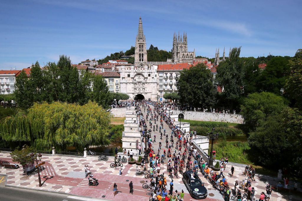 BURGOS SPAIN AUGUST 03 The Peloton prior to the official start passing through Santa Maria bridge in Burgos City during the 43rd Vuelta a Burgos 2021 Stage 1 a 161km stage from BurgosCatedral to BurgosAlto del Castillo 980m VueltaBurgos BurgosCycling CapitalMundialdelCiclismo catedral2021 on August 03 2021 in Burgos Spain Photo by Gonzalo Arroyo MorenoGetty Images