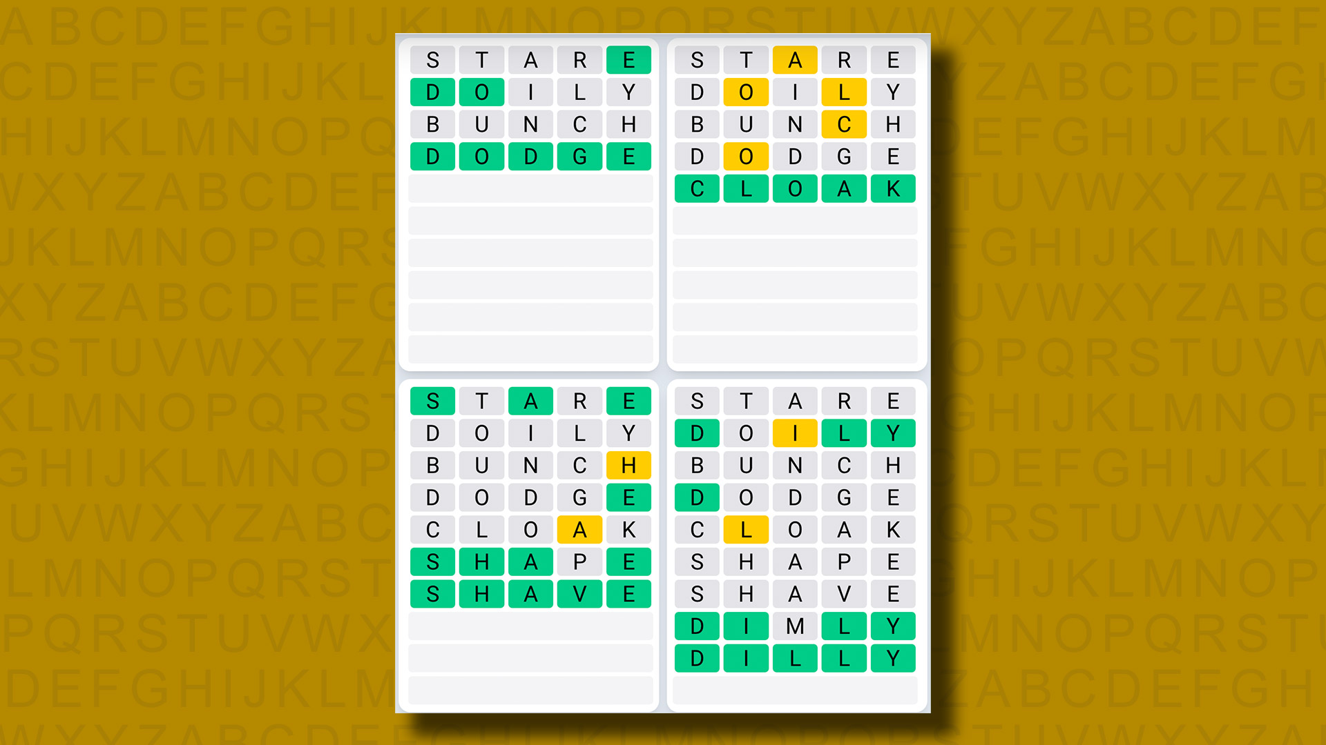Respuestas de la secuencia diaria de Quordle para el juego 875 sobre un fondo amarillo