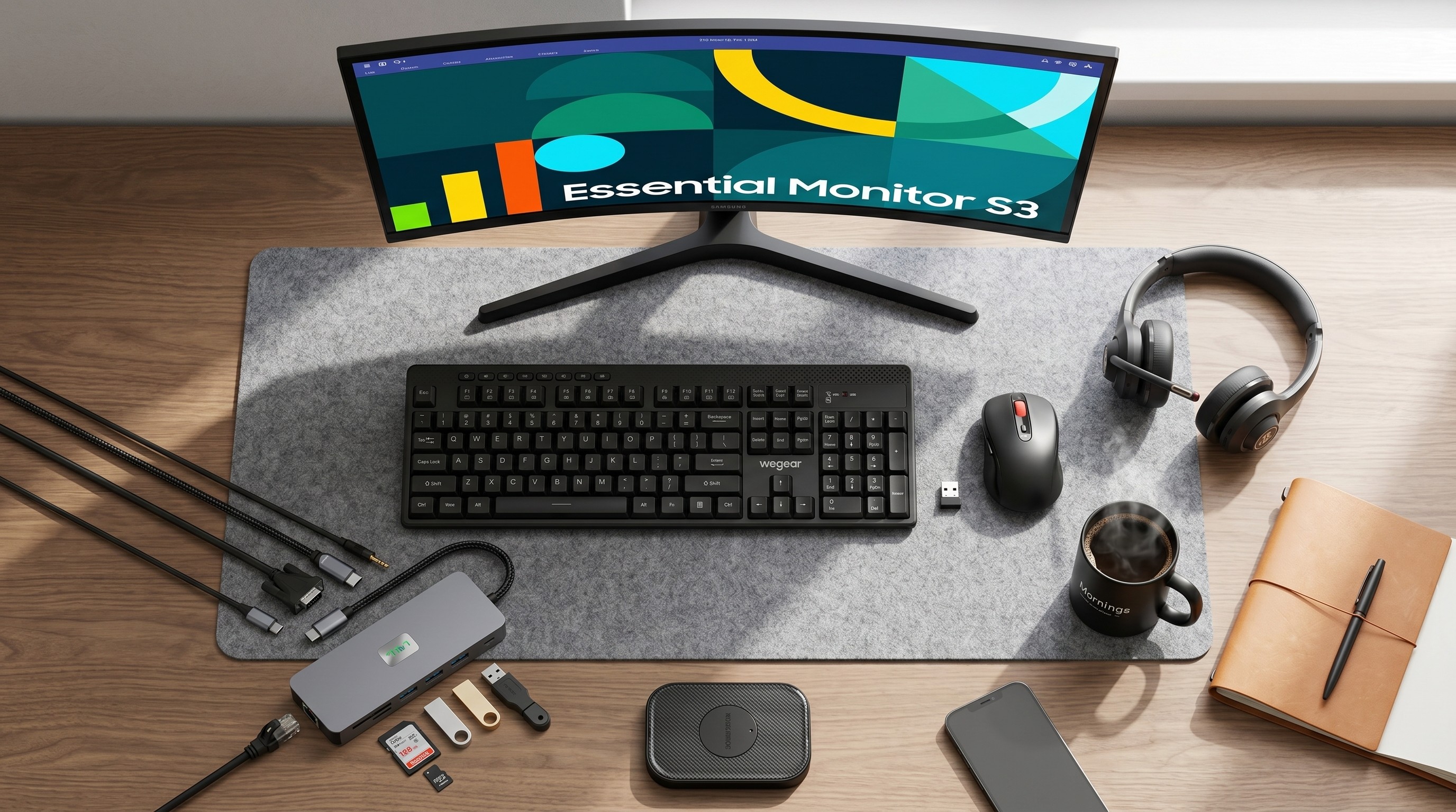 A selection of home office gear and gadgets on a desk