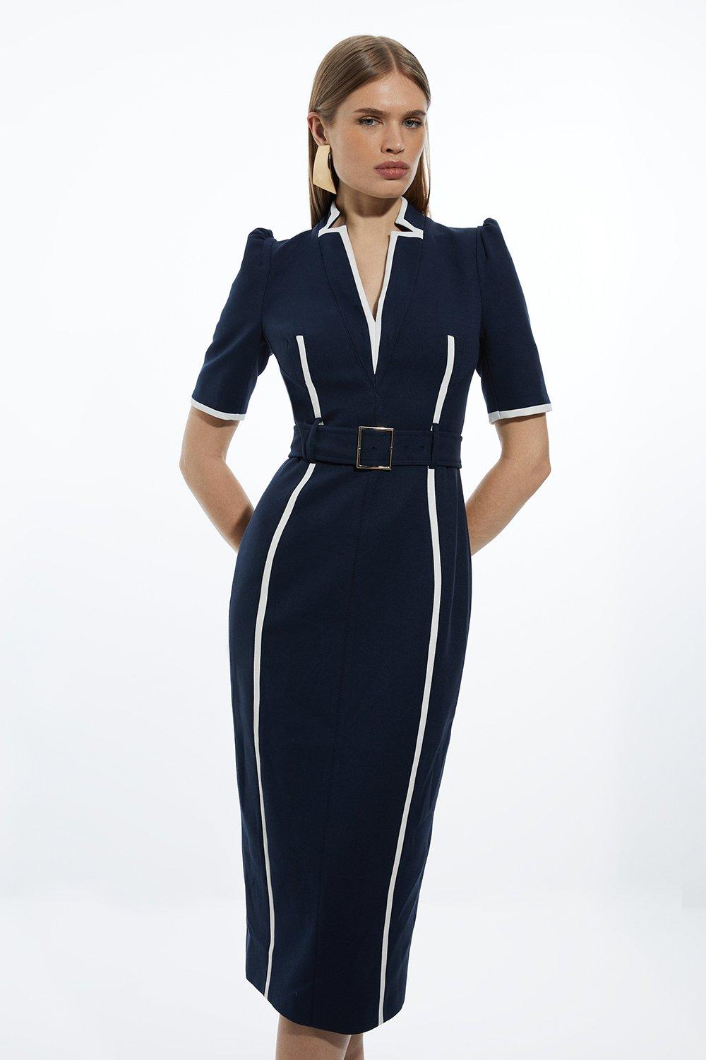 Compact Stretch Contrast Tipped Forever Belted Tailored Midi Dress