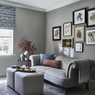 a smart living room with grey sofa and grey throw on arm