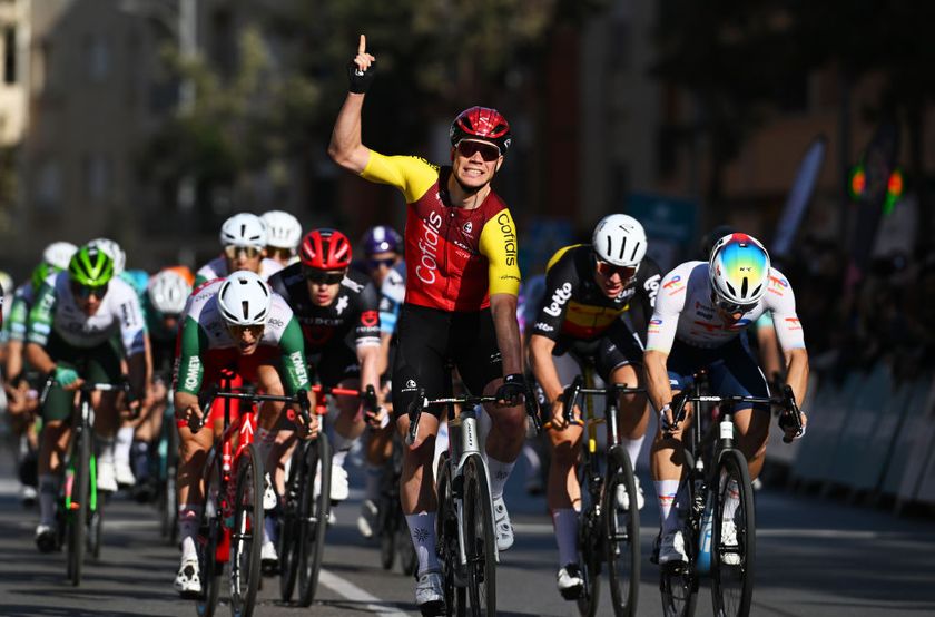 ROQUETAS DE MAR SPAIN FEBRUARY 16 Milan Fretin of Belgium and Team Cofidis celebrates at finish line as race winner during the 38th Clasica de Almeria 2025 a 1891km one day race from Puebla de Vicar to Roquetas de Mar on February 16 2025 in Roquetas de Mar Spain Photo by Tim de WaeleGetty Images