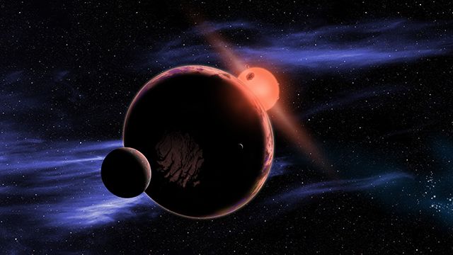 An artist&#039;s depiction of an exoplanet with two moons.