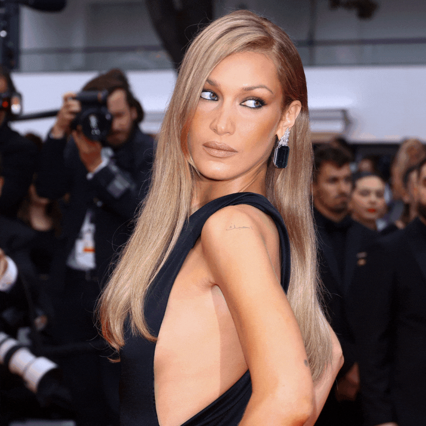 Photo collage gif of Olivia Dean and Bella Hadid on the red carpet