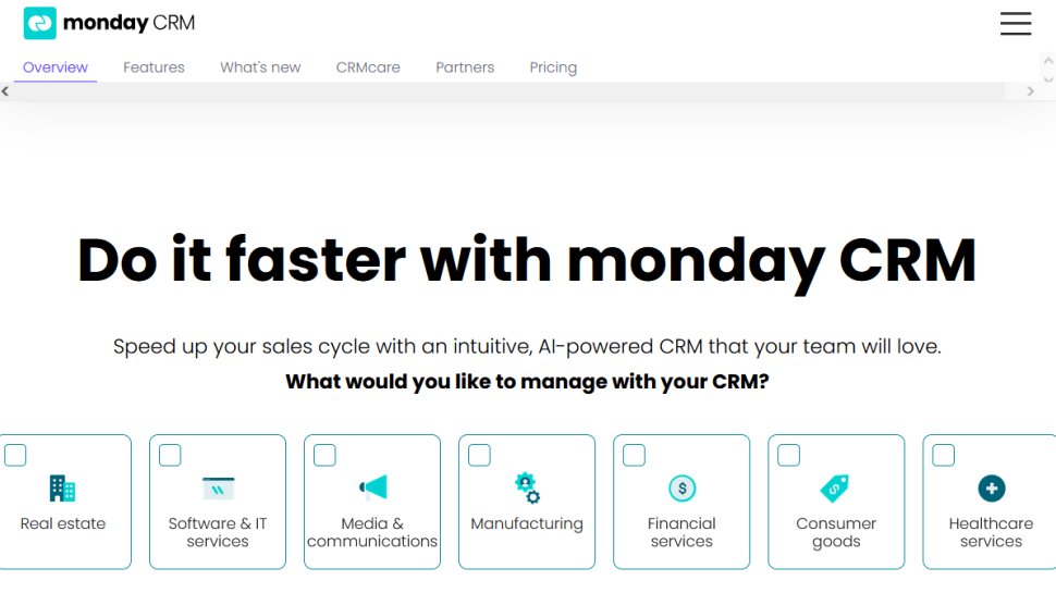 Monday Sales CRM website screenshot (May 2025).