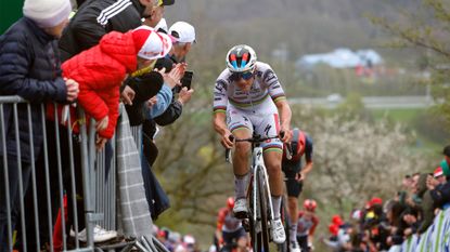 Remco Evenepoel of Soudal–Quick-Step attacks in the breakaway of Liège-Bastogne-Liège 2023. He will likely be lining up at the start of Liège-Bastogne-Liège 2024