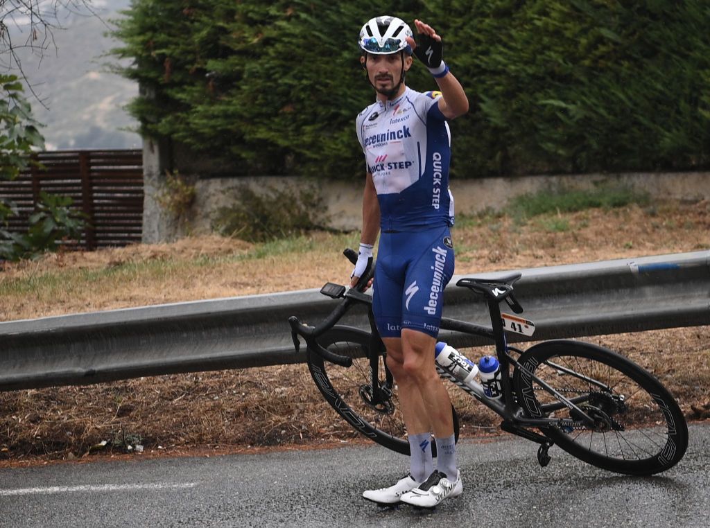 Team Deceuninck rider Frances Julian Alaphilippe waits for support during the 1st stage of the 107th edition of the Tour de France cycling race 156 km between Nice and Nice on August 29 2020 Photo by AnneChristine POUJOULAT AFP Photo by ANNECHRISTINE POUJOULATAFP via Getty Images