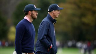 Patrick Cantlay and Jim Furyk during a practice round for the Presidents Cup at Royal Montreal Golf Club