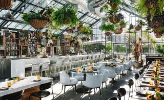 The newly designed greenhouse restaurant at The Line LA