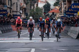 Picture by Zac WilliamsSWpixcom 16032024 Cycling 2024 Milan San Remo The final sprint between Tadej Pogacar UAE Team Emirates Michael Matthews Jayco Alula and Jasper Phillipsen Alpecin Deceuninck