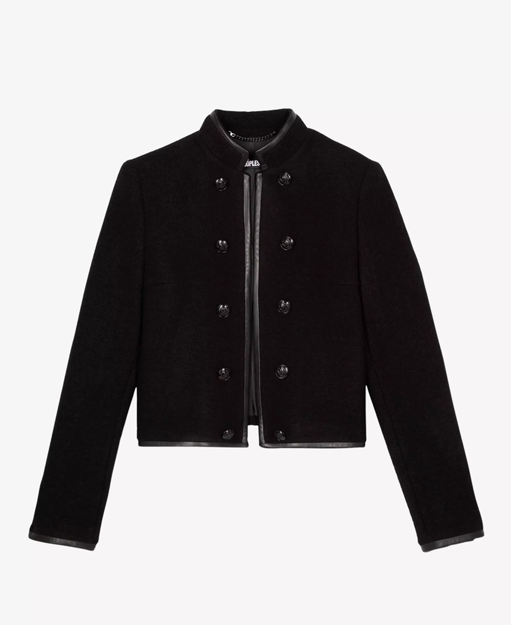 The Kooples, Stand-Collar Leather-Trim Wool Jacket