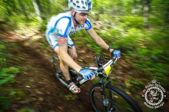 Mike Hebe descends a loamy trail in the beginning of the Tussey Stage