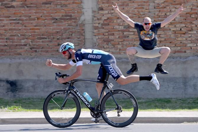 Guillaume van Keirsbulck has some fun with a spectator.