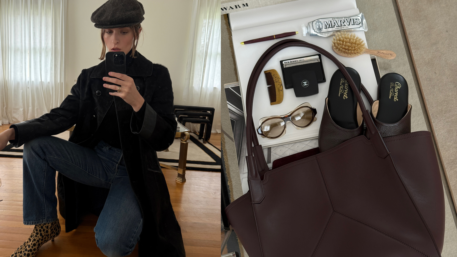 Christie Tyler kneeling on the floor wearing a black coat next to an image of a bag