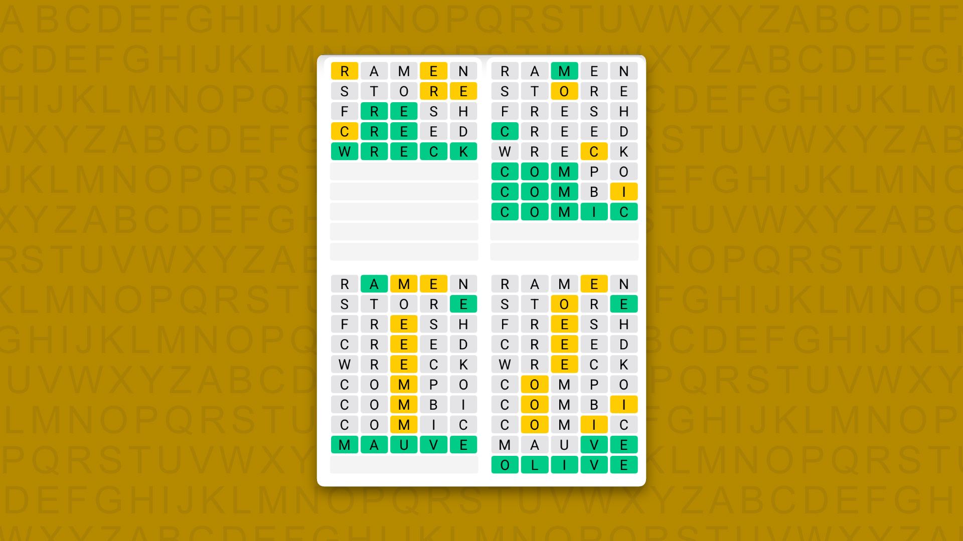 Quordle Daily Sequence answers for game 1694 on a yellow background