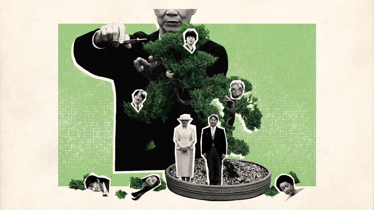 Photo collage of an old Japanese man pruning a bonsai tree. Emperor Naruhito and Empress Masako stand at the foot of the tree, stylised as small paper cut-outs. Potential heirs to the throne are represented in the tree&#039;s branches, while female members of Japan&#039;s royal family are scattered at the base of the bonsai pot, among pruned branches.